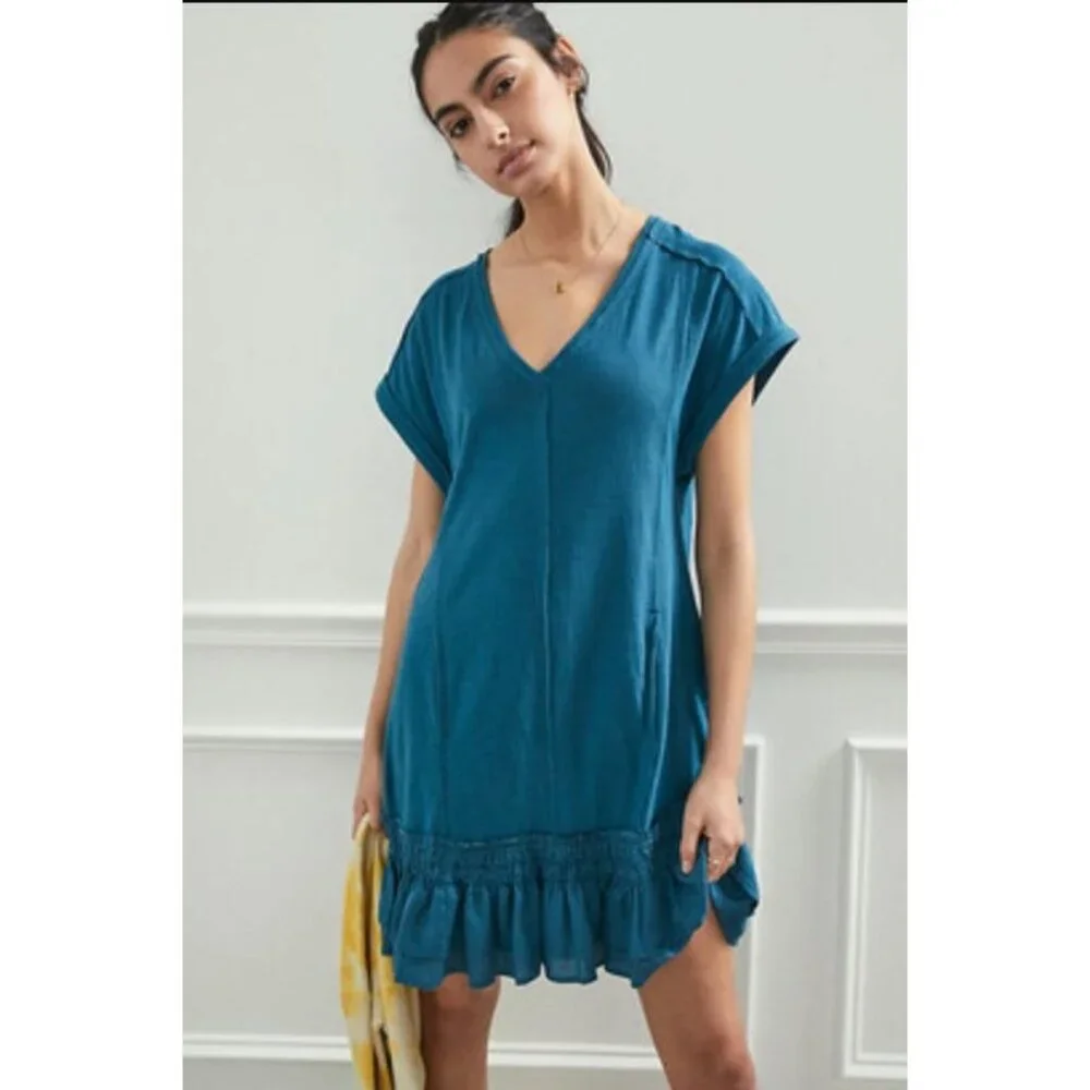 Anthropologie Daily Practice Solana Ruffled Tunic Dress Mini Teal Blue Medium